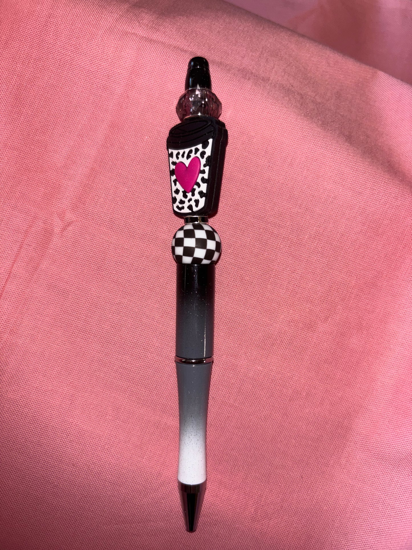 Ready to ship pen coffee cup-black and white /pink heart/ black and white sparkle